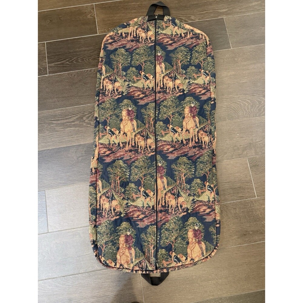 Vintage Equestrian Fox Hunt Tapestry Garment Bag Luggage Travel Dog Horse